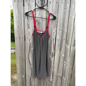 George Womens Black White Striped Lace Trim Nightgown Red Straps Bows M 8-10